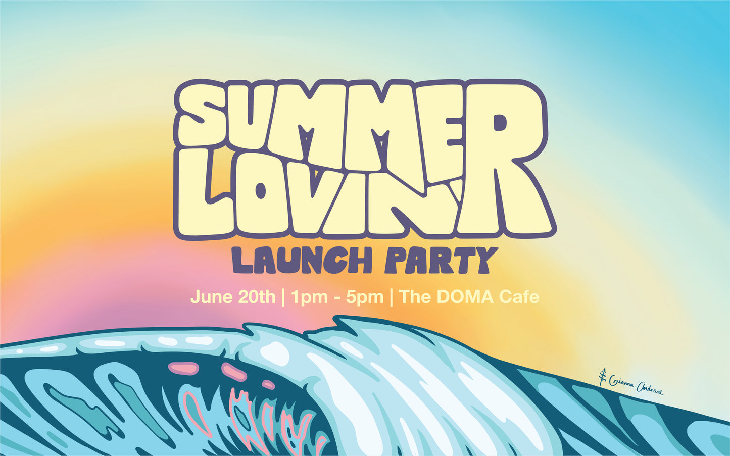 Promotional poster for a 'Summer Lovin' launch party with a colorful wave design.
