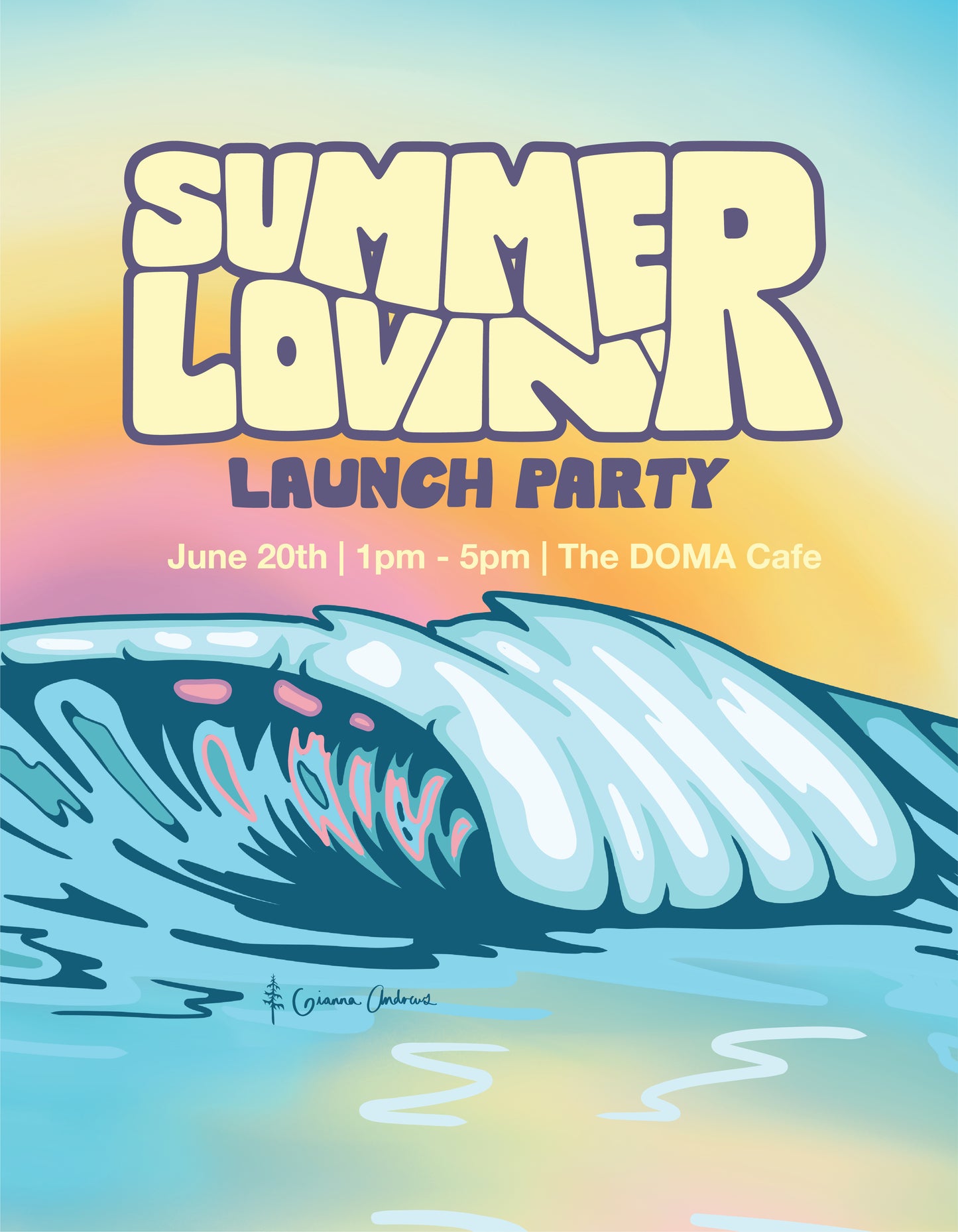 Promotional poster for a 'Summer Lovin' launch party with a wave design.