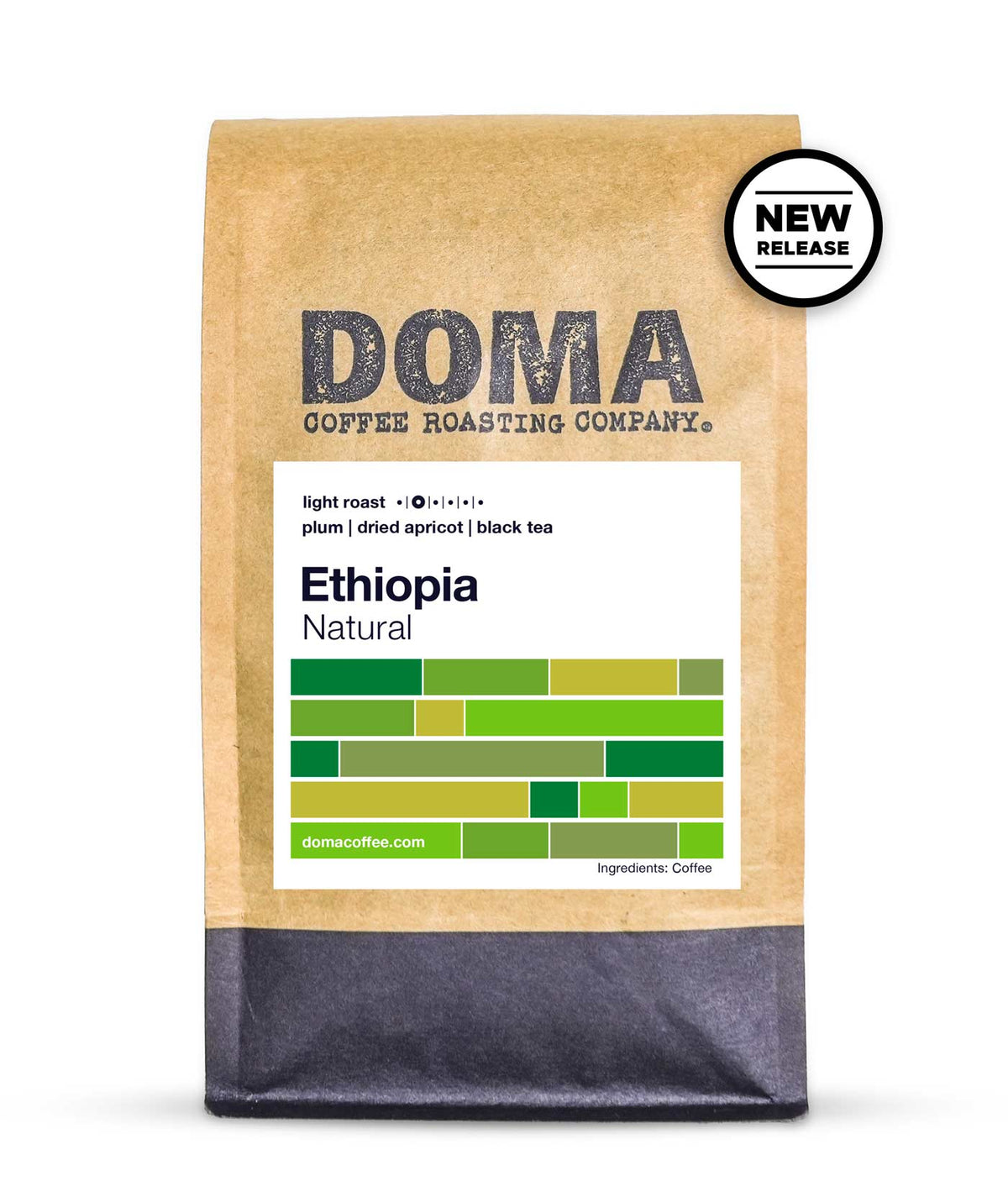 A 12 oz bag of Ethiopia Natural coffee with a badge saying "New Release"