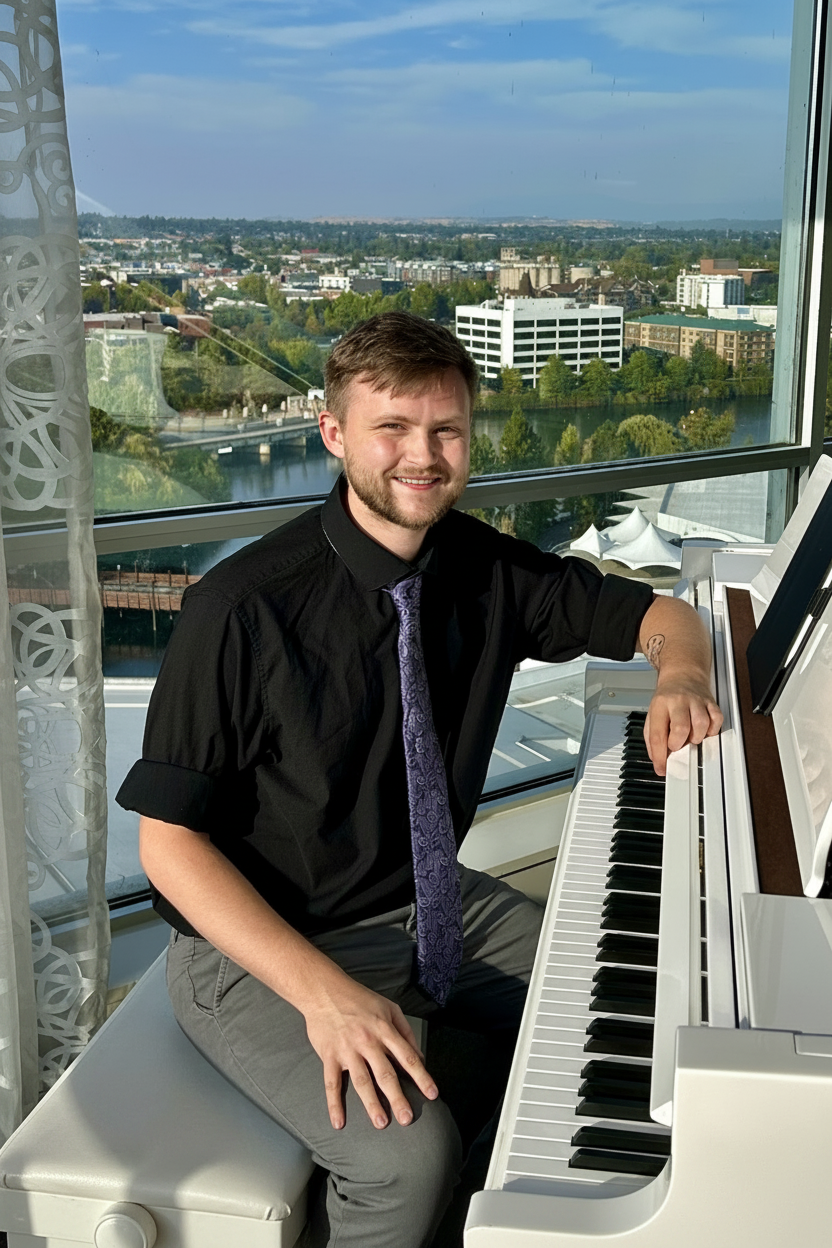 Man playing a piano with a cityscape view from a high vantage point